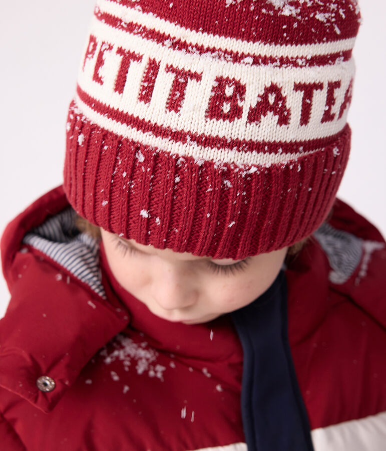 Bonnet enfant en tricot doubl&eacute; en polaire Petit Bateau rouge/blanc