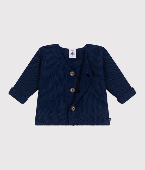 Cardigan bébé tricot point mousse en coton bleu MEDIEVAL