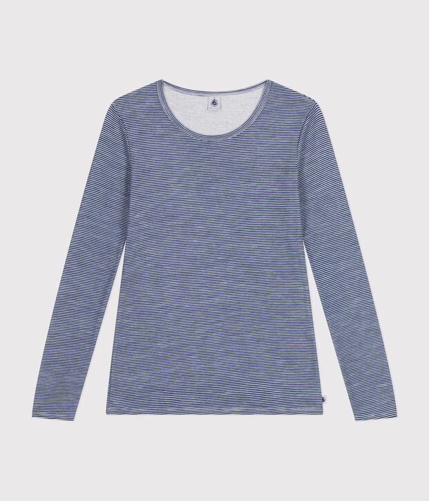 Tee-shirt manches longues ray&eacute; en laine et coton femme bleu/blanc