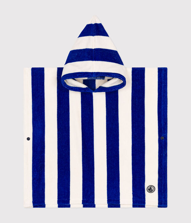 PONCHO DE BAIN RAYE EN BOUCLETTE EPONGE ENFANT bleu/blanc