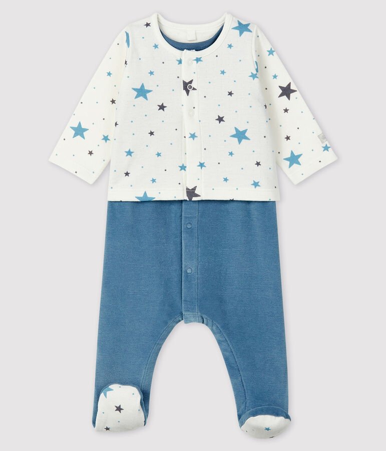 Ensemble 2 pi&egrave;ces &eacute;toiles bleues b&eacute;b&eacute; en en velours jaune TEMPETE/blanc MULTICO