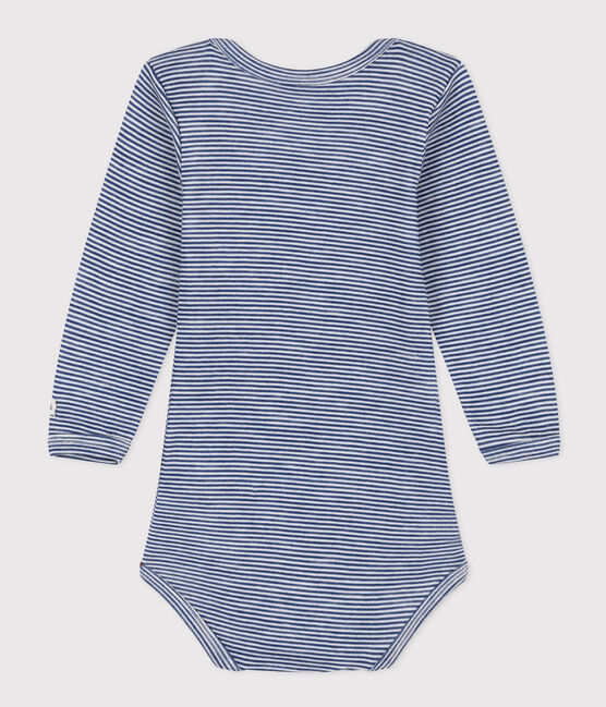 BODY MANCHES LONGUES À RAYURES BÉBÉ EN LAINE ET COTON bleu MEDIEVAL/blanc MARSHMALLOW