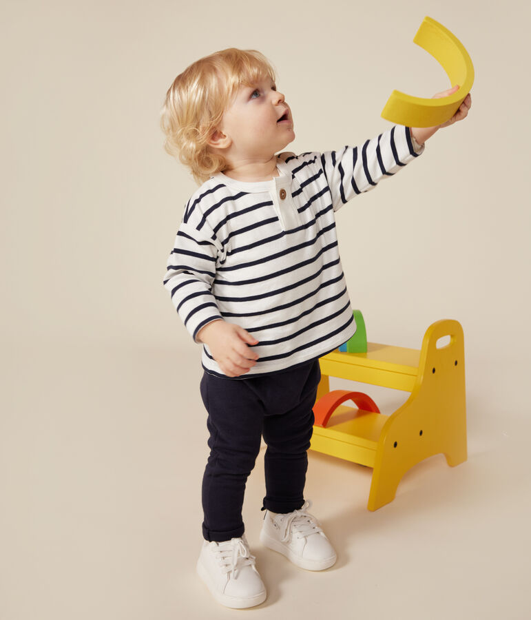 Tee-shirt manches longues en coton b&eacute;b&eacute; blanc MARSHMALLOW/bleu SMOKING