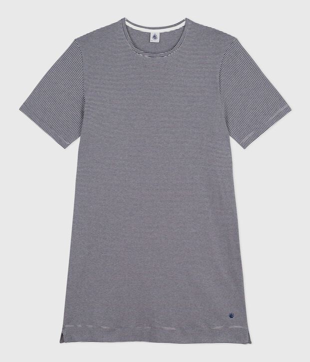 Chemise de nuit femme en coton manches courtes &agrave; rayures bleu/blanc