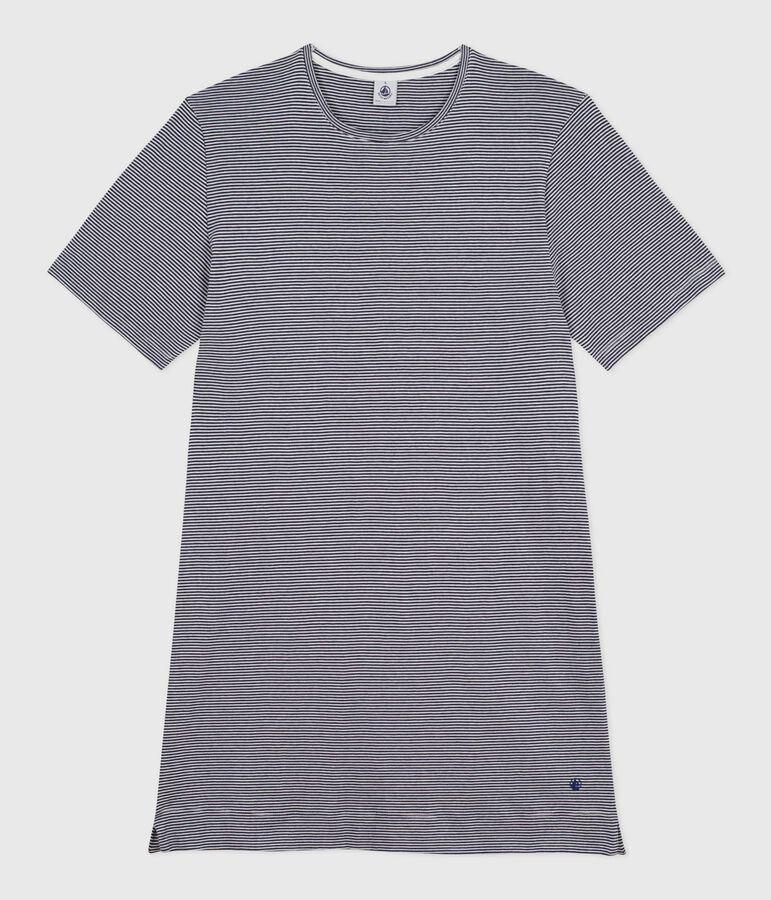 Chemise de nuit femme en coton manches courtes &agrave; rayures bleu SMOKING/blanc MARSHMALLOW