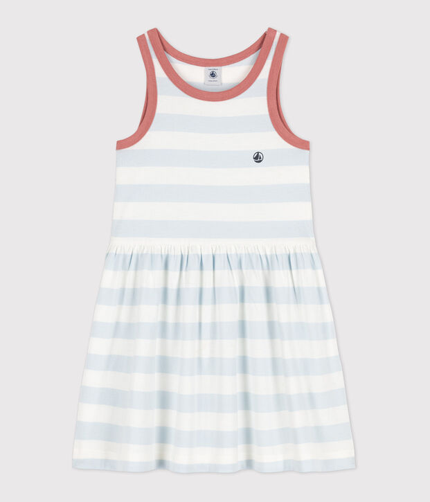 Robe ray&eacute;e sans manche en coton enfant fille bleu/blanc