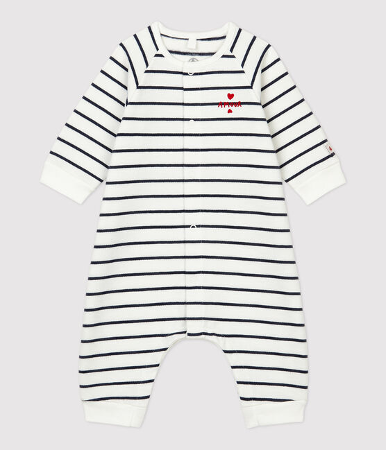 Combinaison rayures marinières bébé molleton en coton biologique blanc MARSHMALLOW/bleu SMOKING