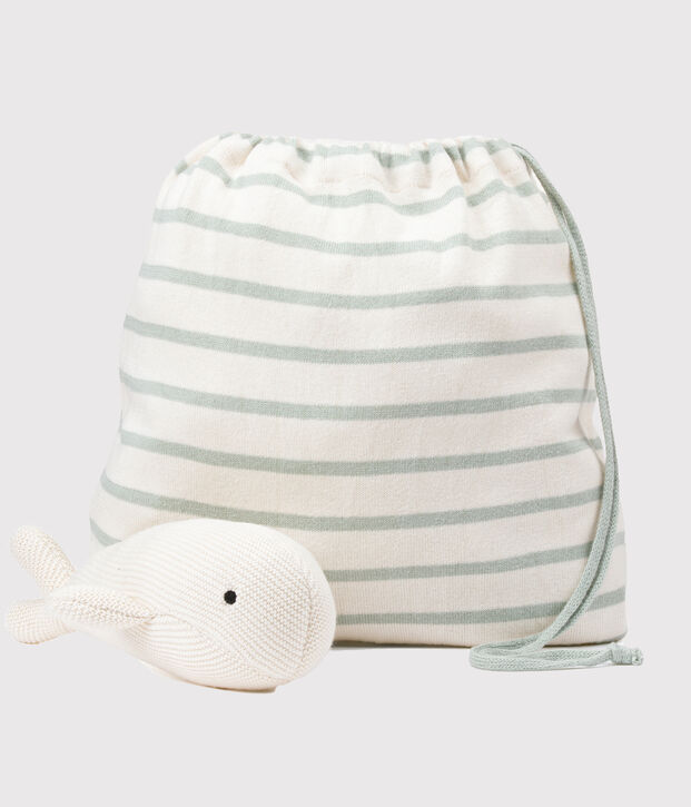 Couverture et doudou en tricot pour b&eacute;b&eacute; vert/blanc