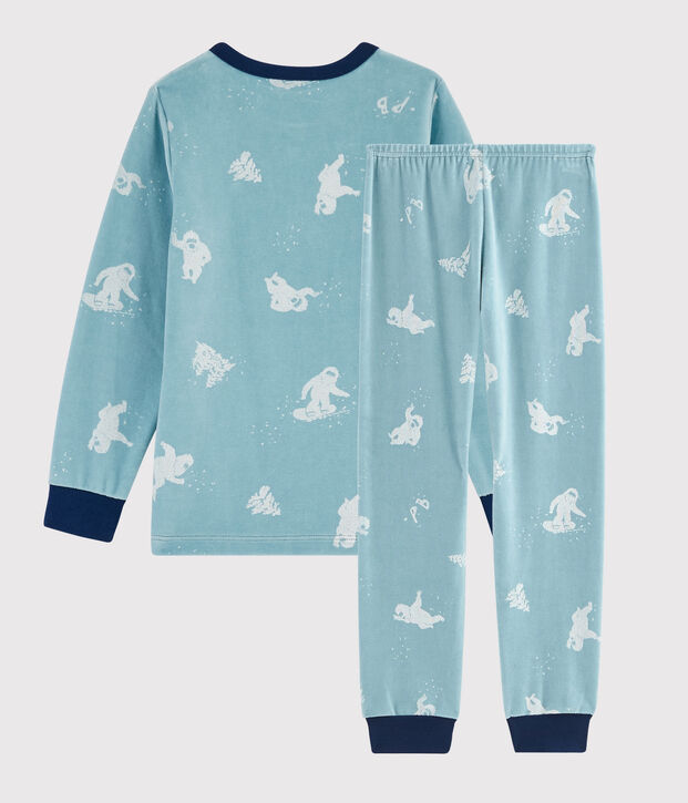 Pyjama imprim&eacute; y&eacute;ti en velours petit gar&ccedil;on bleu/blanc