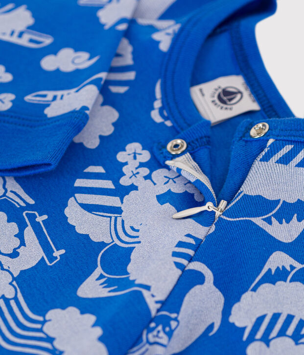 Pyjama zipp&eacute; en coton b&eacute;b&eacute; bleu/blanc