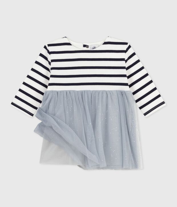 Robe b&eacute;b&eacute; bi-mati&egrave;re manches longues bleu/multicouleur