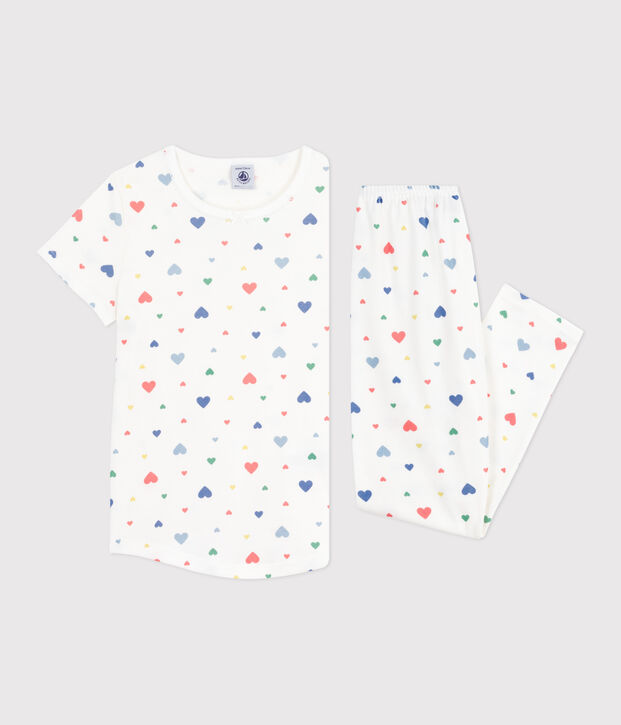 Pyjama enfant en coton manches courtes et jambes longues imprim&eacute; blanc/multicouleur