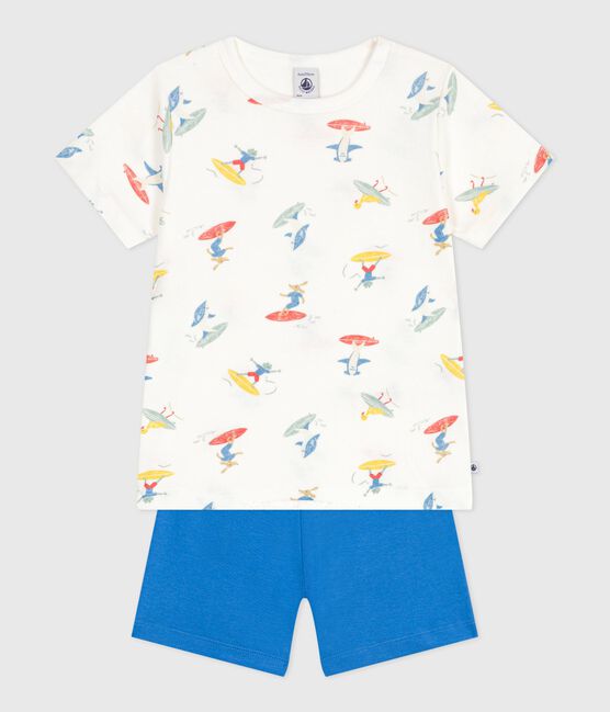 Pyjama short enfant en coton imprimé surfeurs blanc MARSHMALLOW/blanc MULTICO