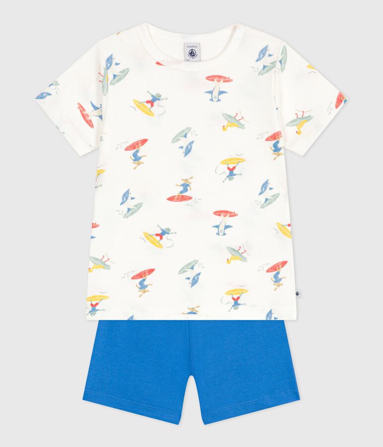 Pyjama short enfant en coton imprim&eacute; surfeurs blanc MARSHMALLOW/blanc MULTICO
