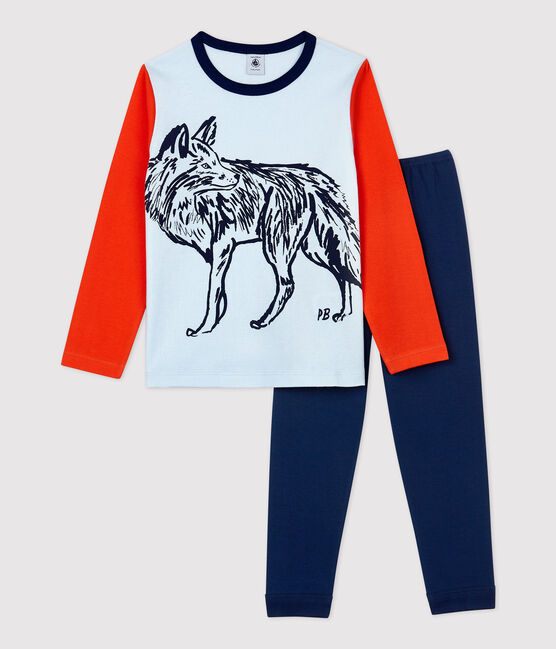 Pyjama motif loup petit garçon en coton bleu MEDIEVAL/blanc MULTICO