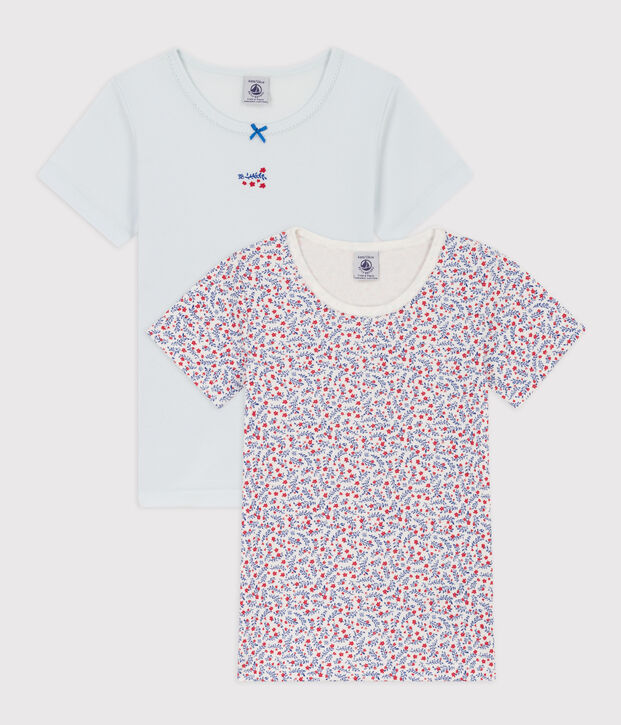 Lot de 2 tee shirts manches courtes fleurs en coton petite fille multicouleur