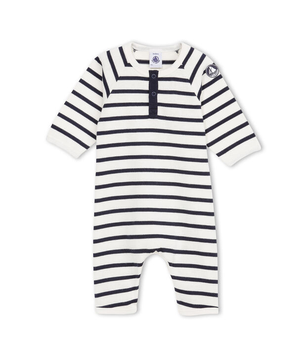 Combinaison b&eacute;b&eacute; gar&ccedil;on en jersey lourd ray&eacute; blanc/bleu