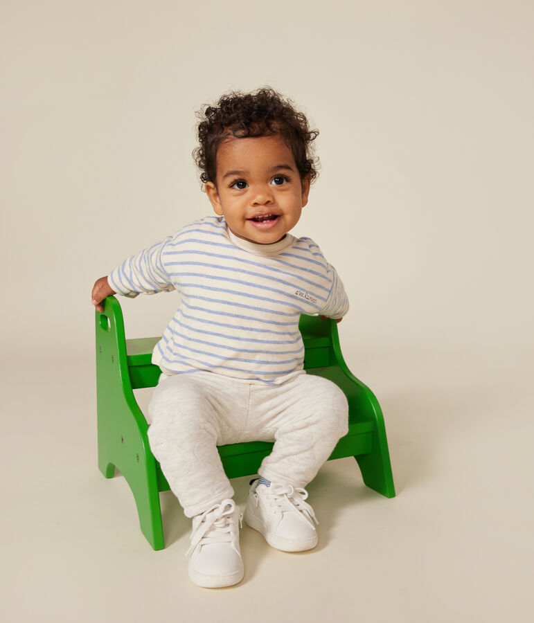 Tee-shirt manches longues en tubique b&eacute;b&eacute; &eacute;cru/bleu