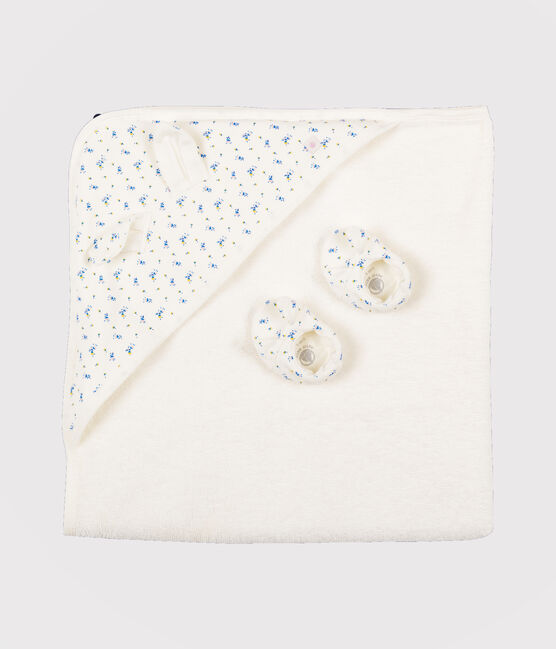 Coffret carré de bain et chaussons bébé en éponge et côte blanc MARSHMALLOW/blanc MULTICO