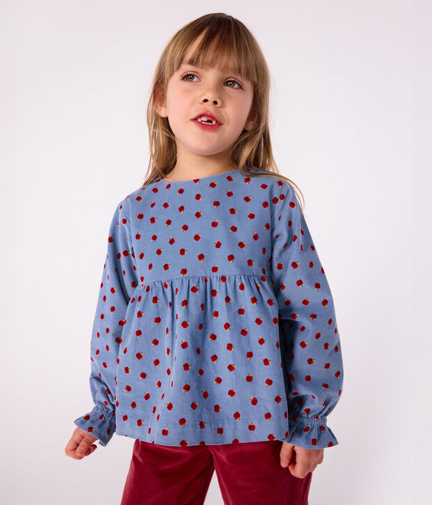 Blouse enfant en velours manches longues imprim&eacute;e bleu/multicouleur