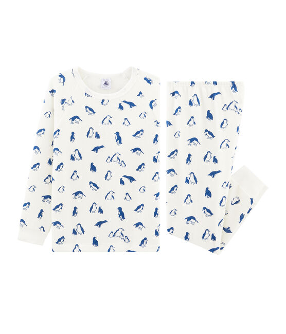 Pyjama mixte en bouclette éponge grattée extra chaude blanc MARSHMALLOW/bleu MAJOR