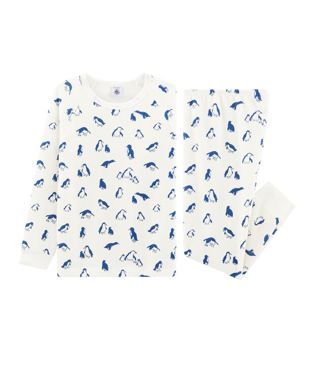 Pyjama mixte en bouclette &eacute;ponge gratt&eacute;e extra chaude blanc/bleu