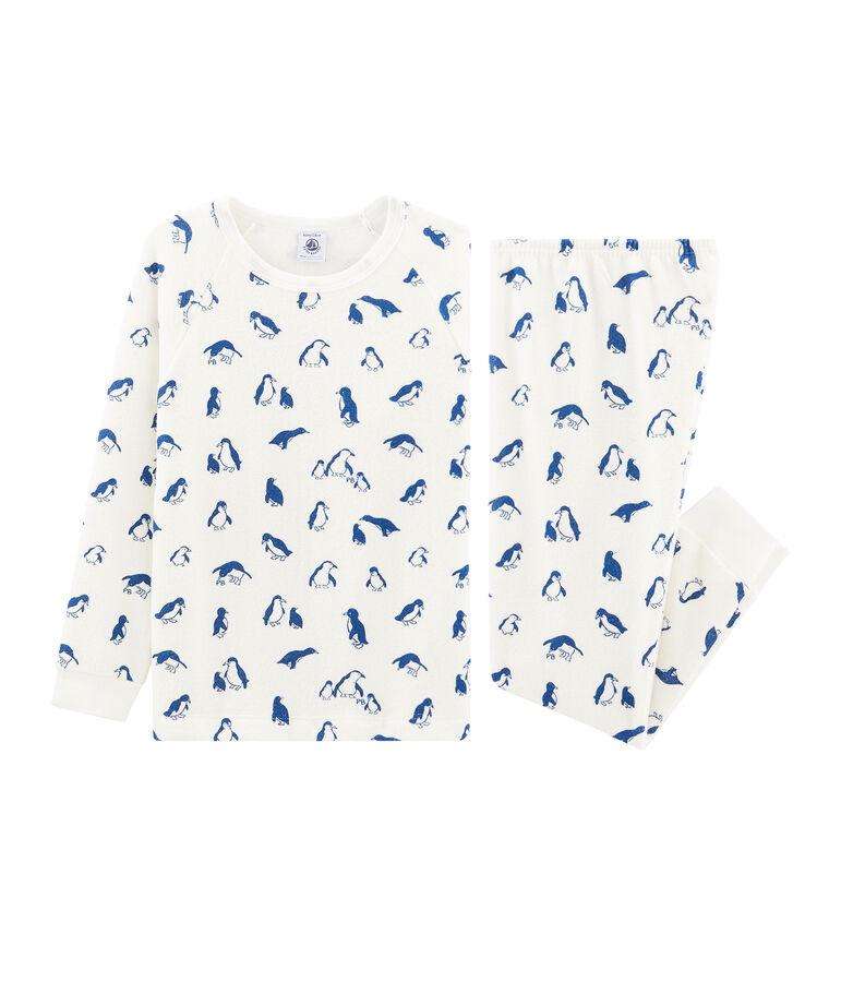 Pyjama mixte en bouclette &eacute;ponge gratt&eacute;e extra chaude blanc MARSHMALLOW/bleu MAJOR