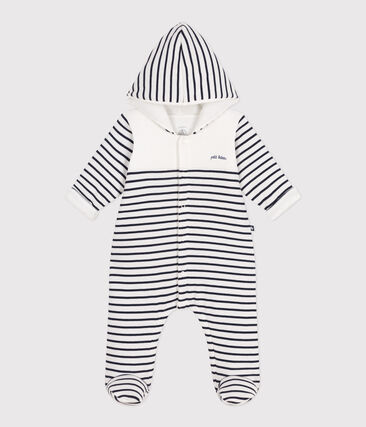 Combinaison bébé ouatinée à capuche et pieds, marinière