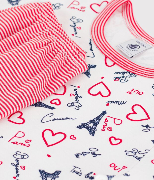 Pyjama short long enfant en coton imprim&eacute; Paris blanc/multicouleur