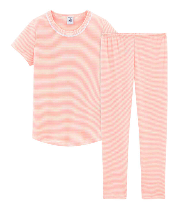 Pyjama &agrave; manches courtes petite fille en c&ocirc;te rose/blanc