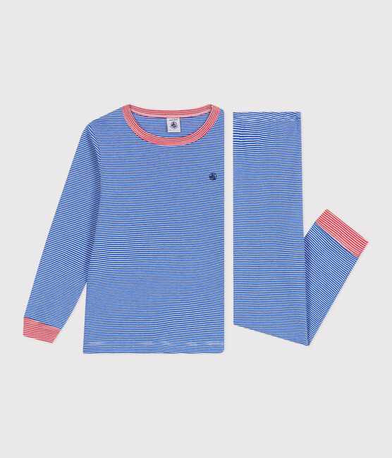 Pyjama enfant en coton manches longues à rayures bleu PERSE/blanc MARSHMALLOW