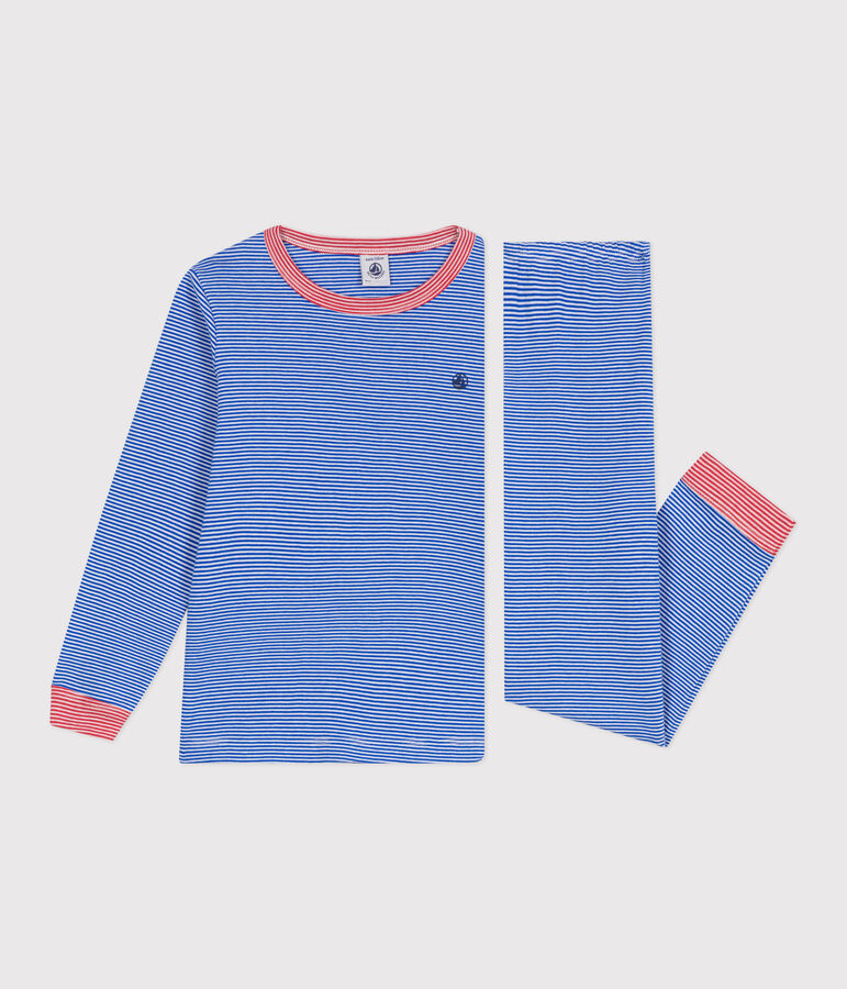 Pyjama enfant en coton manches longues &agrave; rayures bleu PERSE/blanc MARSHMALLOW