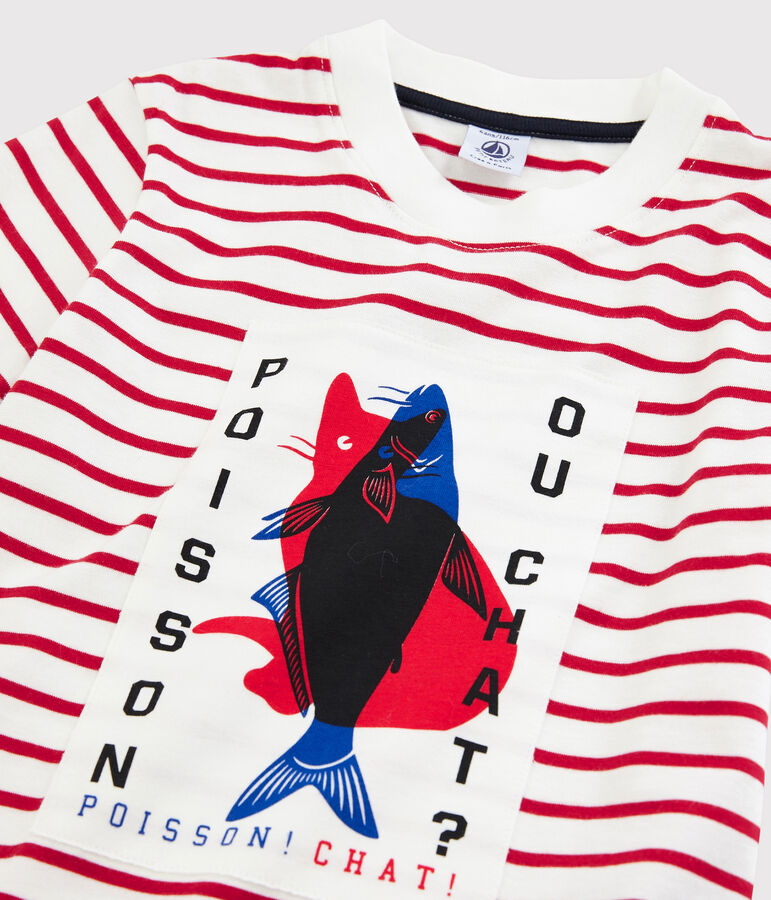 Tee-shirt manches courtes en jersey enfant gar&ccedil;on blanc MARSHMALLOW/rouge TERKUIT