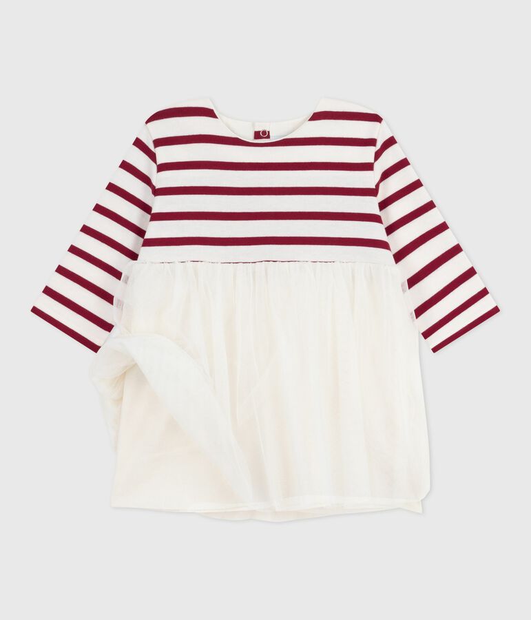 Robe b&eacute;b&eacute; bi-mati&egrave;re manches longues &eacute;cru/rouge