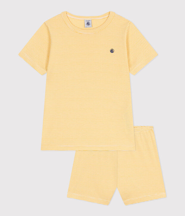 Pyjama short enfant en coton &agrave; rayures jaune/blanc