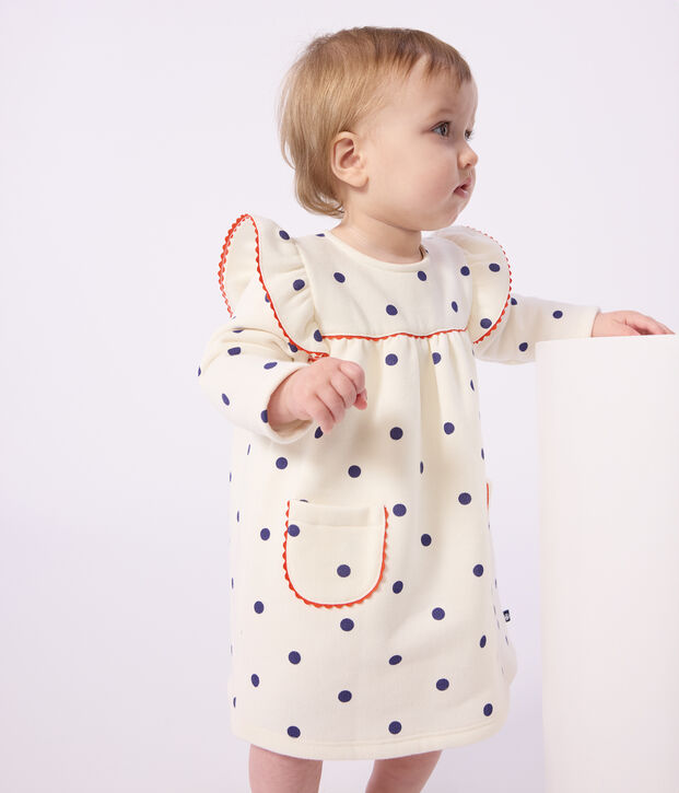 Robe b&eacute;b&eacute; en coton manches longues, imprim&eacute;e pois bleu/bleu