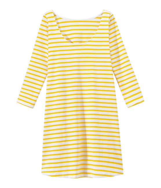 Robe femme manches 3/4 à rayures blanc MARSHMALLOW/jaune SHINE