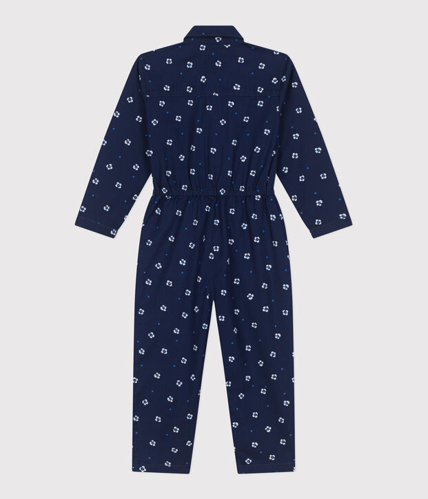 Combinaison enfant en coton manches longues fleurie bleu/blanc