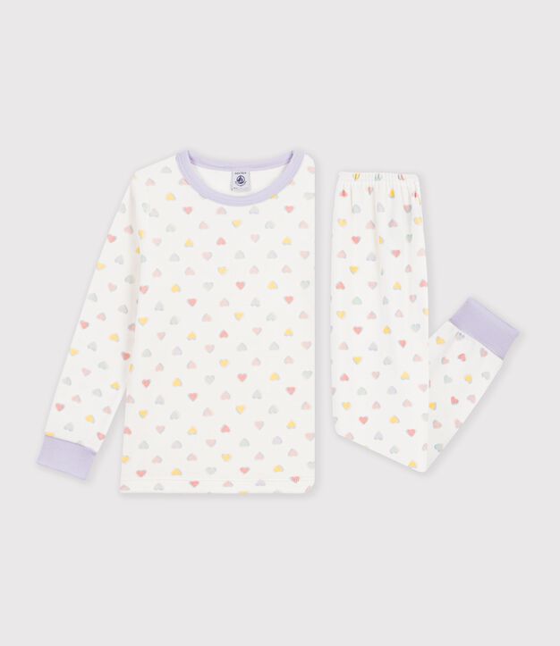 Pyjama enfant en velours &agrave; c&oelig;urs blanc/multicouleur