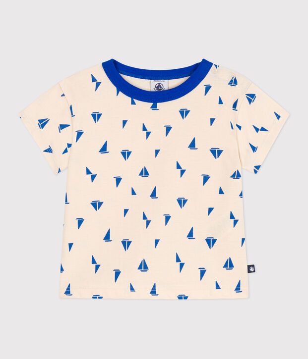 T-shirt b&eacute;b&eacute; en coton &agrave; manches courtes, imprim&eacute; bateaux &eacute;cru/bleu