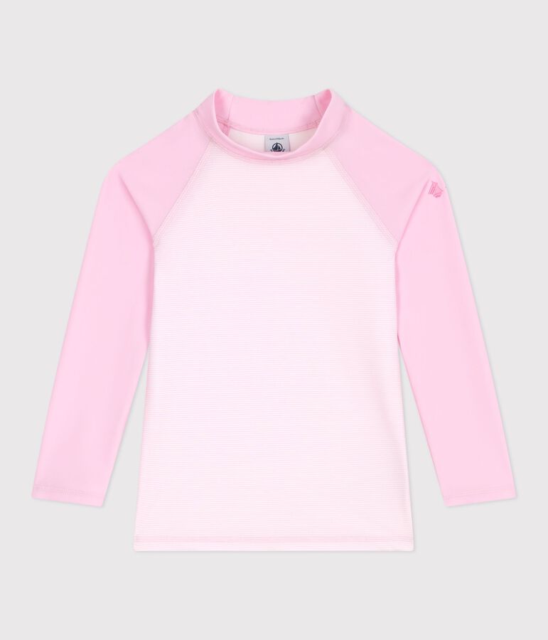Teeshirt de bain anti uv enfant manche longue &agrave; rayures rose/blanc