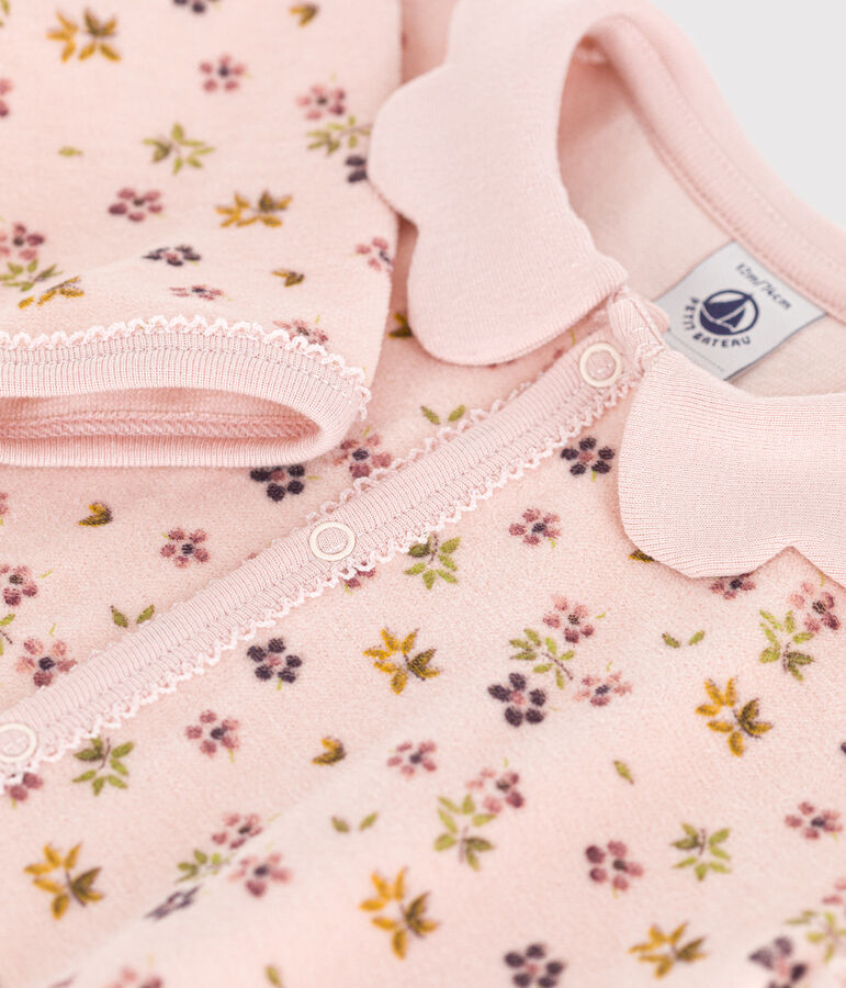 Pyjama en velours imprim&eacute; fleurs b&eacute;b&eacute; rose SALINE/blanc MULTICO