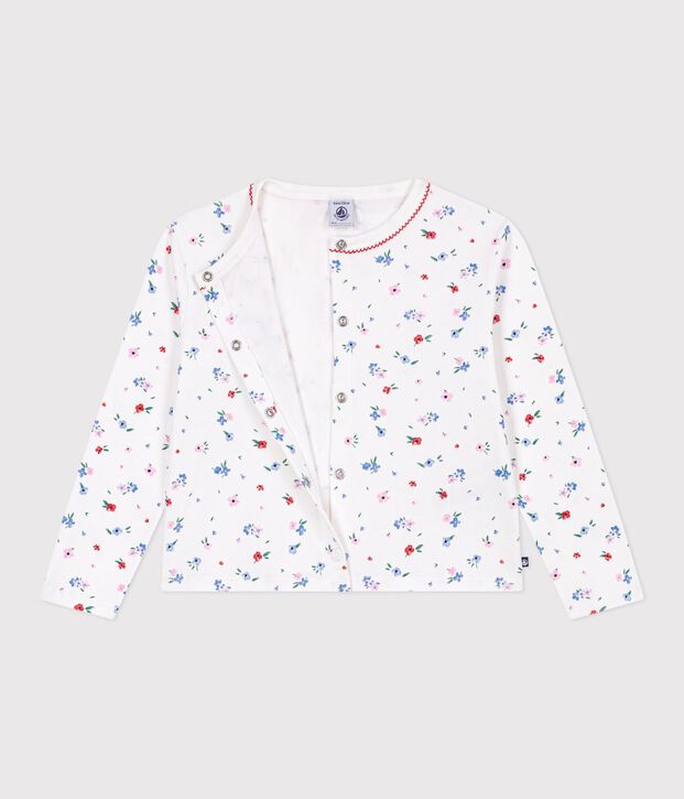 Cardigan enfant en coton imprim&eacute; fleurs blanc/multicouleur