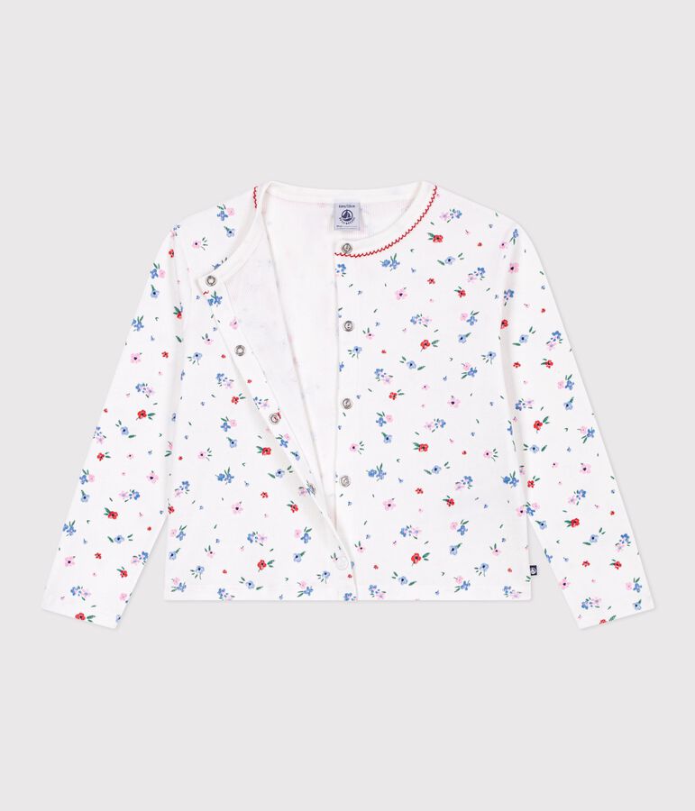 Cardigan enfant en coton imprim&eacute; fleurs blanc MARSHMALLOW/blanc MULTICO