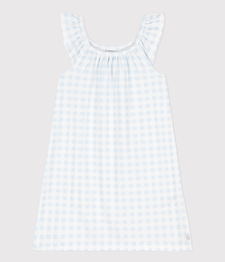 Chemise de nuit imprim&eacute; vichy en coton fin petite fille blanc/bleu