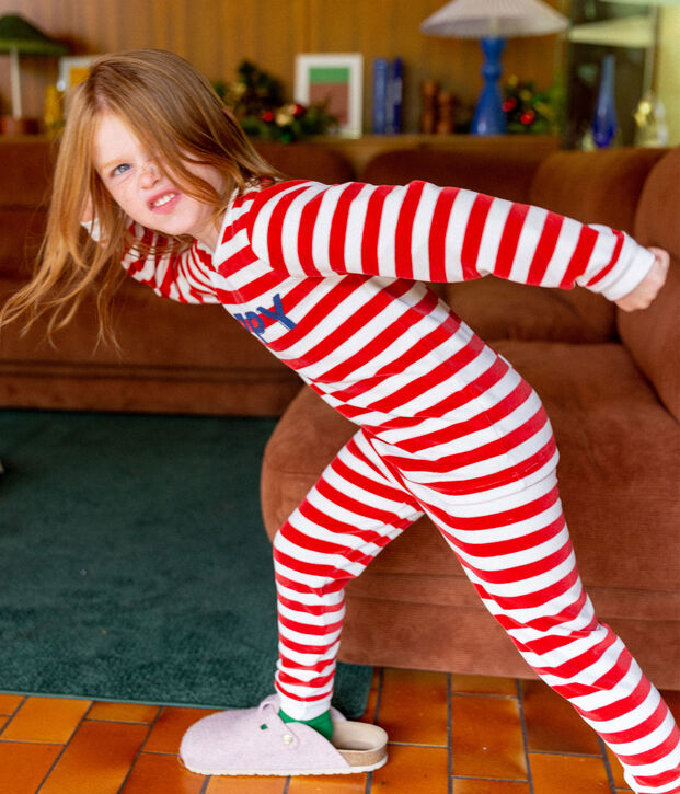 Pyjama  ray&eacute; en velours enfant rouge/blanc