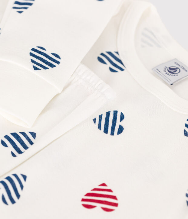 Pyjama enfant en coton manches longues imprim&eacute; c&oelig;urs blanc/multicouleur