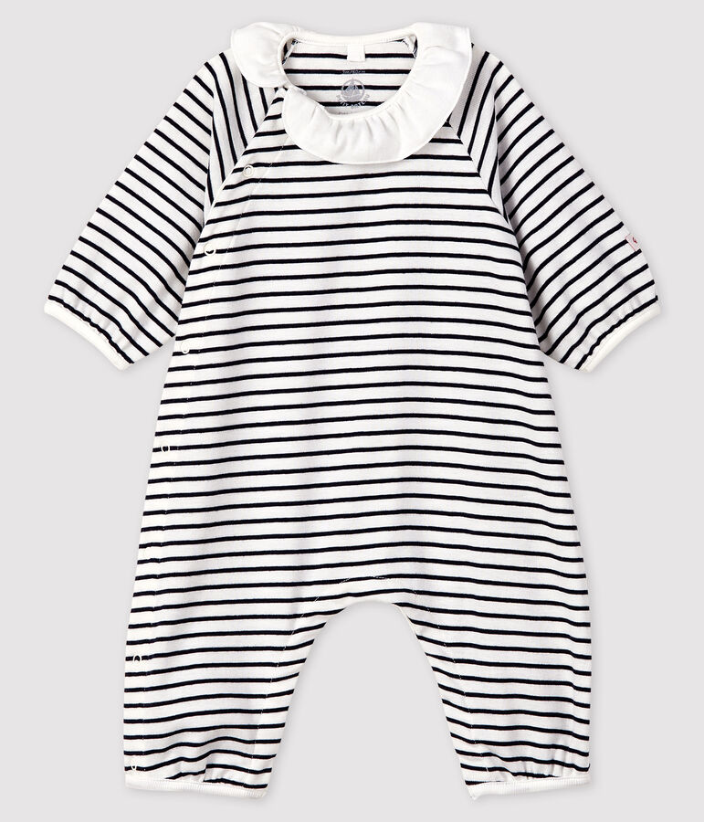 Combinaison longue &agrave; rayures b&eacute;b&eacute; fille en c&ocirc;te blanc MARSHMALLOW/bleu SMOKING