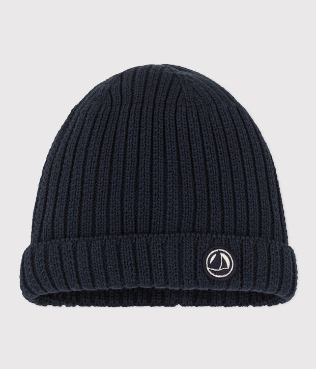 Bonnet b&eacute;b&eacute; en tricot doubl&eacute; en polaire bleu marine