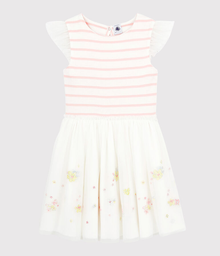 Robe c&eacute;r&eacute;monie en coton et tulle enfant fille blanc MARSHMALLOW/rose MINOIS